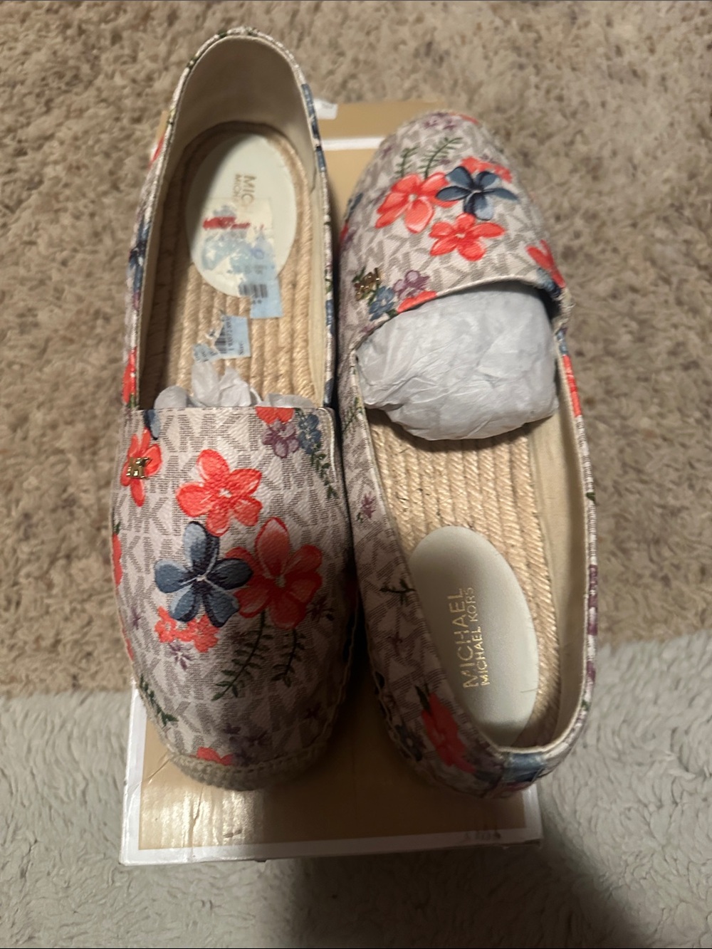 Michael Kors Floral Canvas Espadrille Loafers - Beige with Coral & Blue Flowers